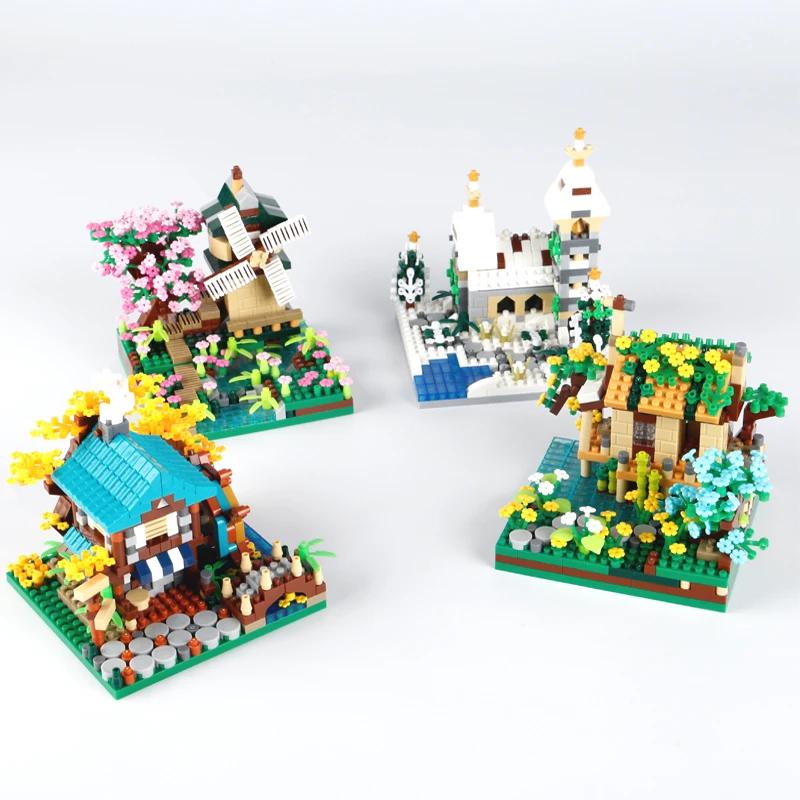 Four Seasons Micro Bricks Street View Sakura Windmühle Bausteine Fischerhütte Baum Zusammenbauen Ziegel Spielzeug für Kinder Jungen