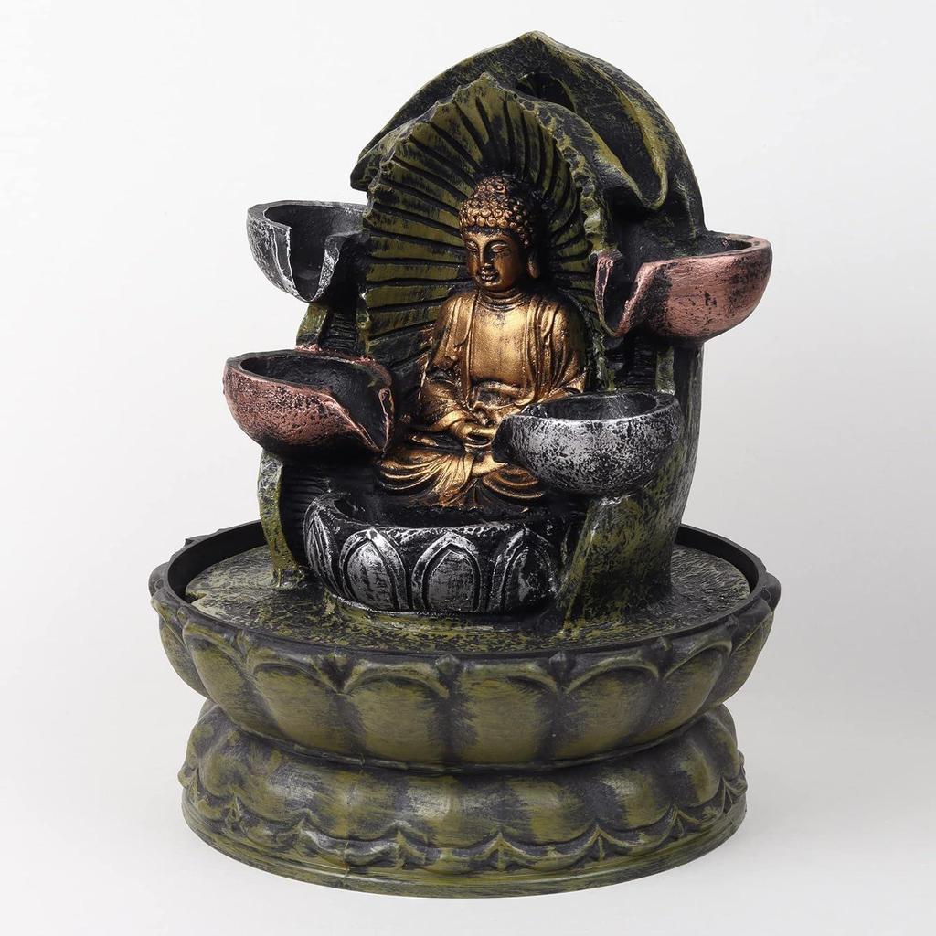Sittande Gautam Buddha Inomhus 4-stegs Vattenfontän med LED-lampor för Kontor, Heminredning
