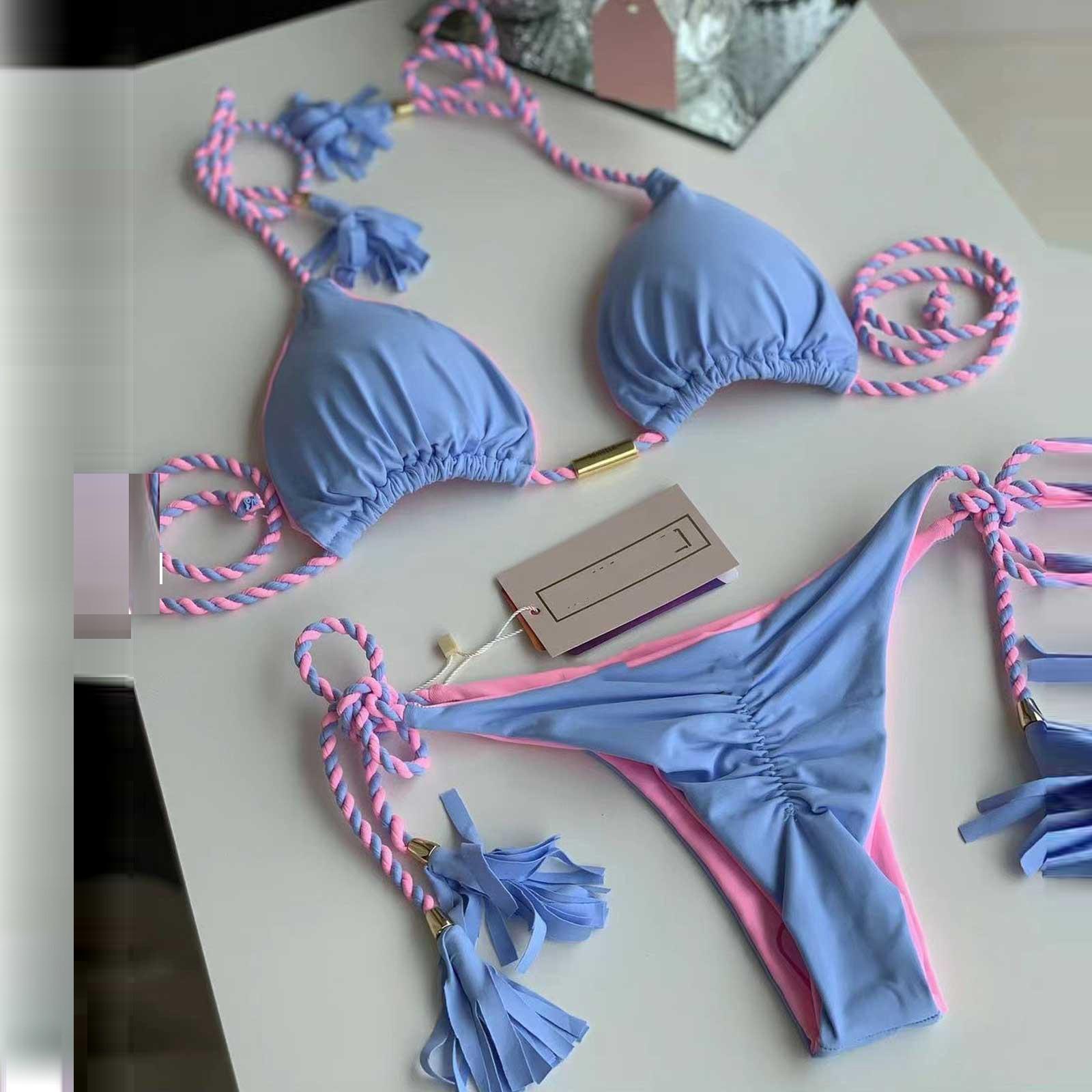 

Женское летнее бикини с подушечками для бюстгальтера и без поддержки бюстгальтера, винтажный сплошной цвет, раздельный купальник M небесно-голубой