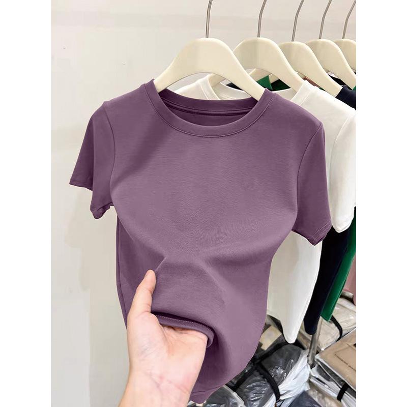 Women's Pure Cotton Short-Sleeve T-Shirt: Straight Shoulder, Stylish, Versatile, Solid Color Base Layer for Spring, Summer, and Autumn.