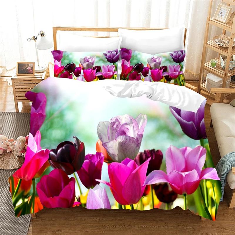 

Квітка Тюльпан Елегантна Квіткова 3D Підковдра для Жінок Подарунки Розкішна Подарунки на День Матері Теплі Подарунки для Декору Спальні Розмір Queen King 135x200cm 2pcs