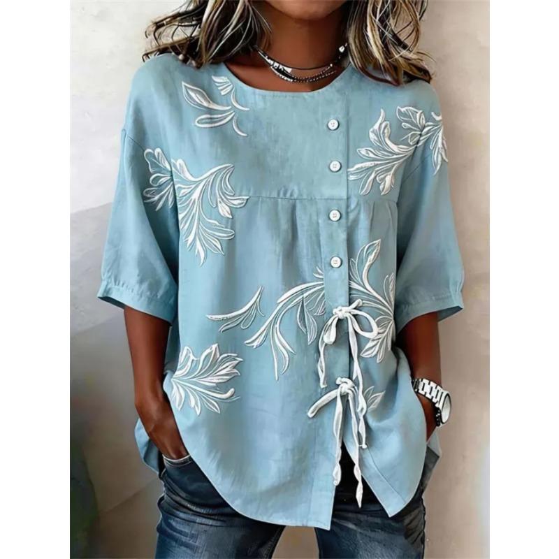 Women's printed lace-up short-sleeved blouse, fashionable and versatile, comfortable and skin-friendly, machine washable.