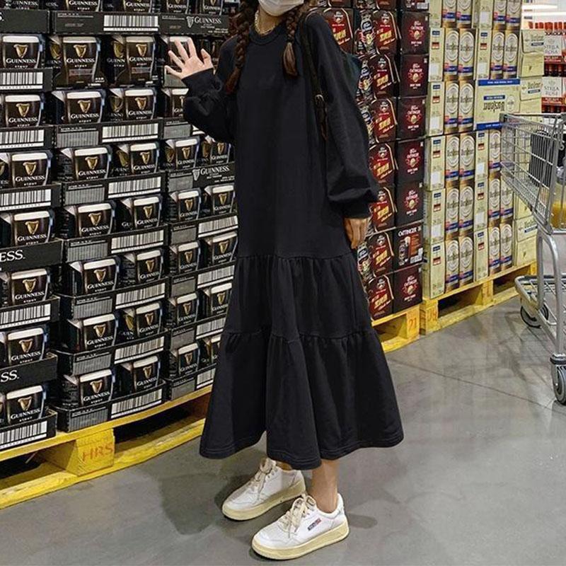 Long Sleeve Plus Fleece Thicken Dress Large Size Loose Lazy Wind Thermal Round Neck Long Solid Youth Comfortable Mermaid Dresses