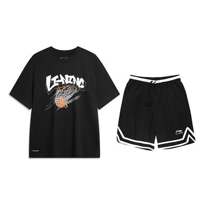 Li Ning Lettre Américaine Col Rond Pull Manches Courtes Costume de Sport Décontracté Unisexe Noir AHSU671-1+YAPV001-1