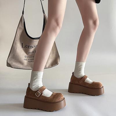 Spring New Platform Muffin Shoes Women's Doudou Shoes College Style Black Round Head One-word Buckle Mary Jane Shoes Loafers