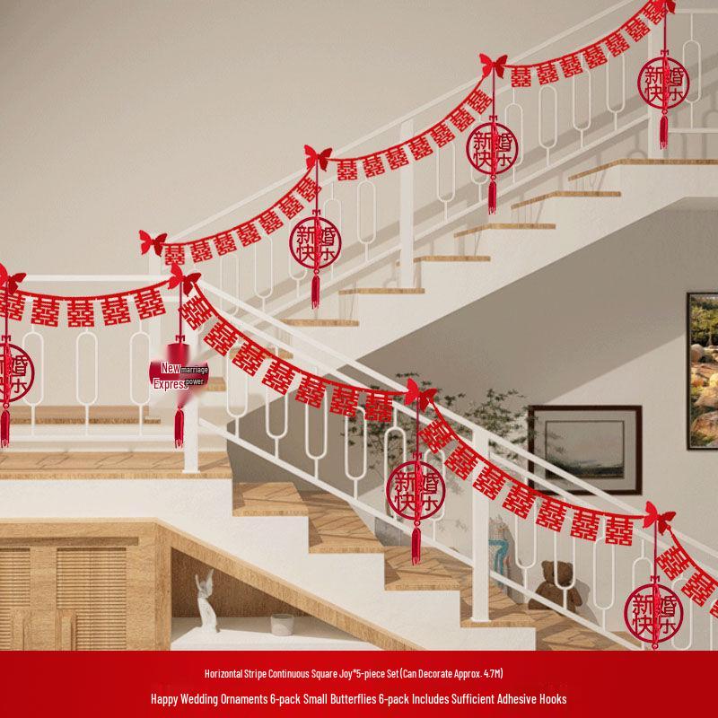 Double Happiness Stair Railing Decor: Wedding Floral Ornaments for Bride and Groom Sides