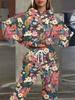 Europe And The United States New Fashion Leisure Sports Hooded Flower Print Sweater Set