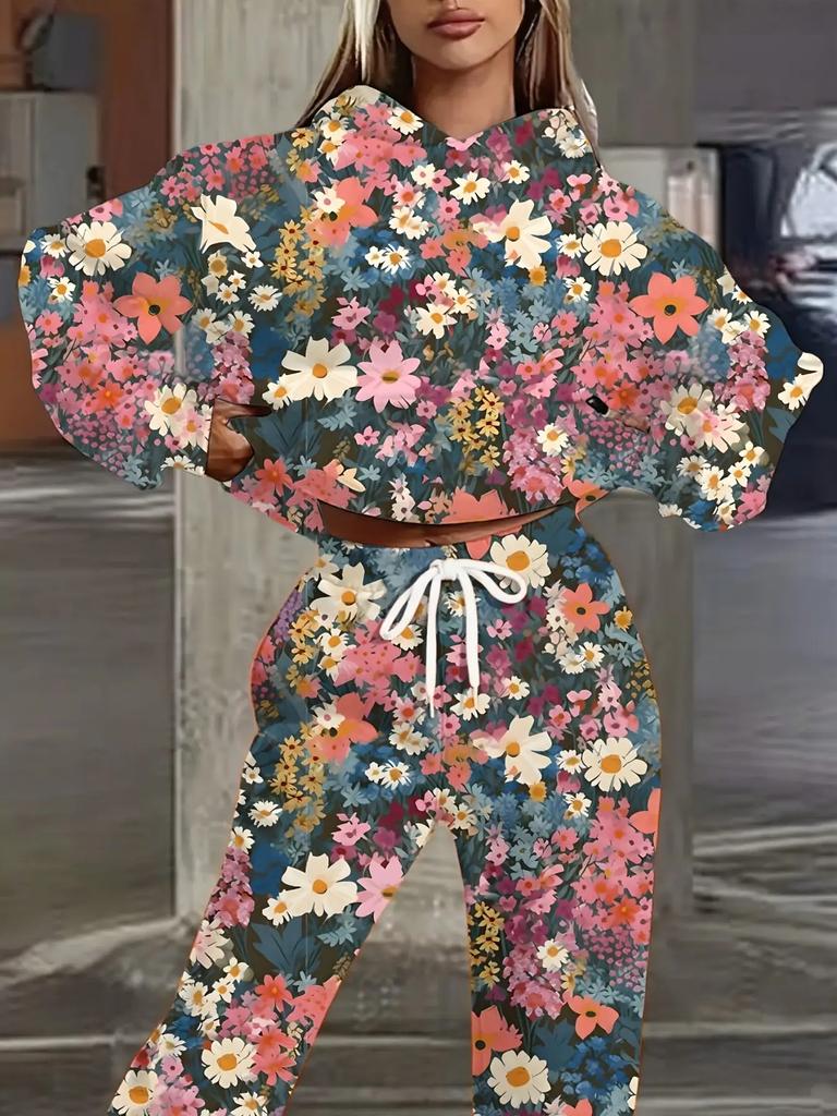 Europe And The United States New Fashion Leisure Sports Hooded Flower Print Sweater Set
