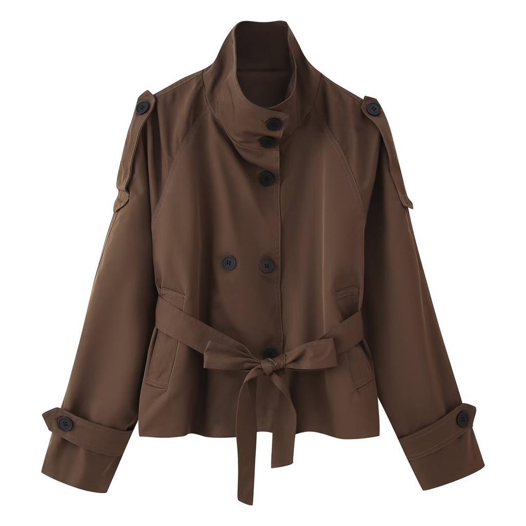 Women's Cropped Trench Coat Double Breasted Short Jacket High Collar Fall Winter Coats Trendy Outfit With Belt