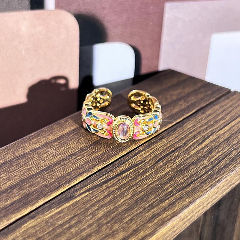 2026 Sweet and Cool Colorful Drip Glaze Temperament Court Style Retro Ring Female Flower Niche Ring