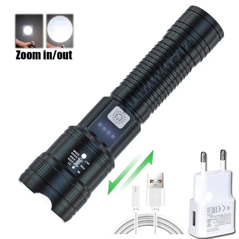 Portable Performance Telescopic Zoom Flashlight With Battery Smart Display Super Bright Rechargeable Torch For Camping Fishing