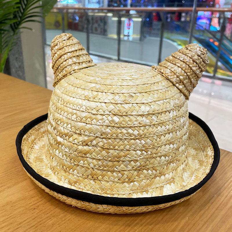 

New Hand Woven Straw Hats For Women Girl Cute Cat Ear Breathable Curved Brim Children S Summer Hat Sun Protection Caps Beach Cap Adult