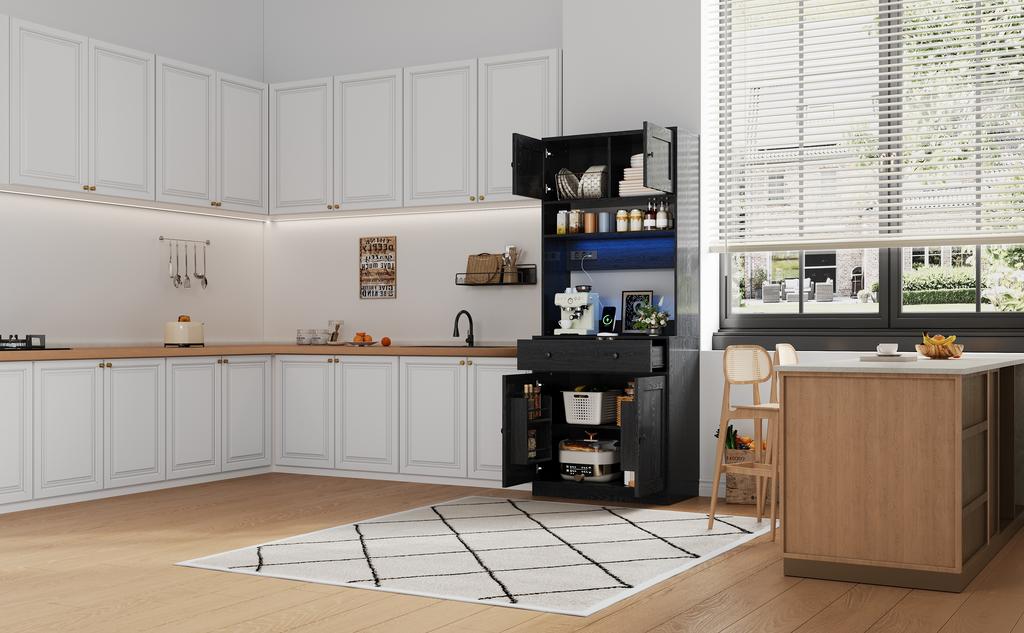 180 Cm Kitchen Cabinet, Tall Cabinet with LED, Kitchen Shelf with Socket, Spice Rack and Large Drawer for Kitchen, Dining Room & Living Room