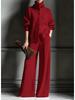 Women's High Neck Button Front Knit Sweater Top and Wide Leg Pants Lounge Set in Gray