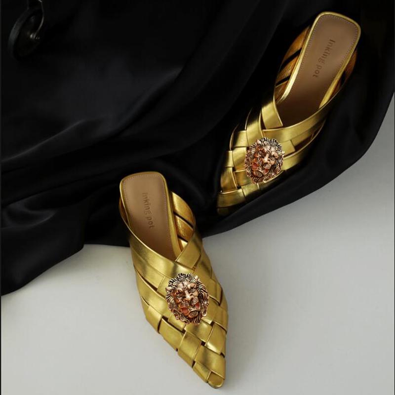 Fashion Hollowed-out Woven Pointed-toe Flip-flops for Women, New Thick-heeled Fashion, Closed-toe Half Slippers, Mules T77