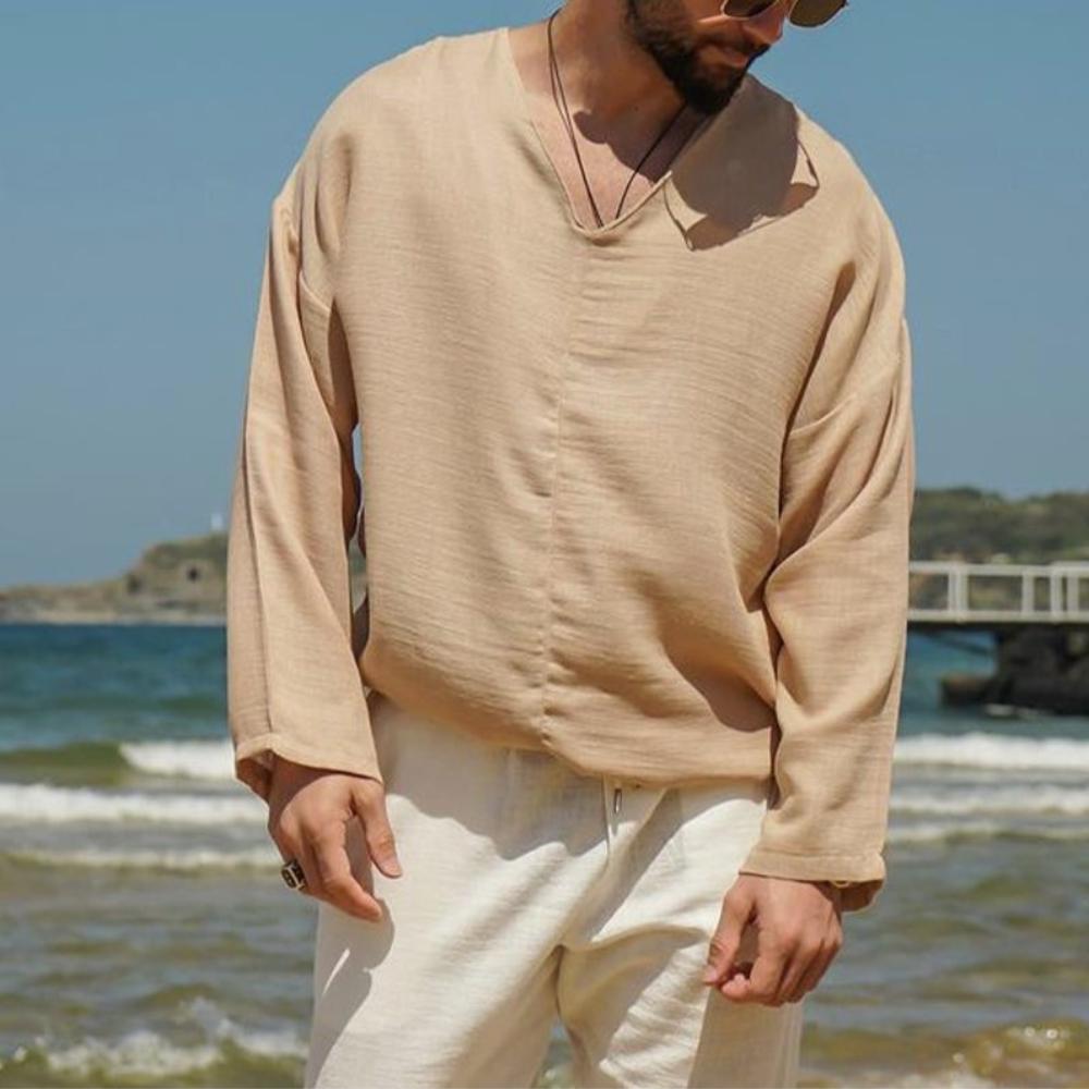 Men's Solid Color Long Sleeved Lazy Style V-neck Beach Cotton Linen Shirt