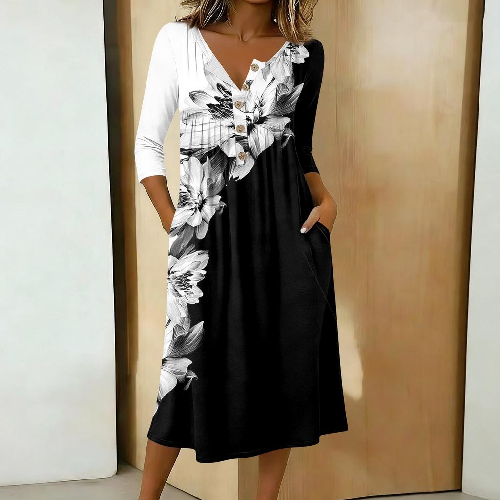 Women's Fashionable Color Printed Round Neck 3/4 Sleeve Button Collar Mid Length Casual Dress