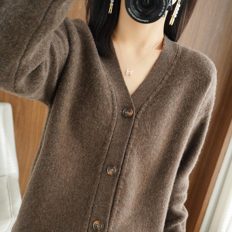 Women's Pure Wool Solid Color Cashmere Cardigan Sweater - V Neck Autumn/Winter Knitwear