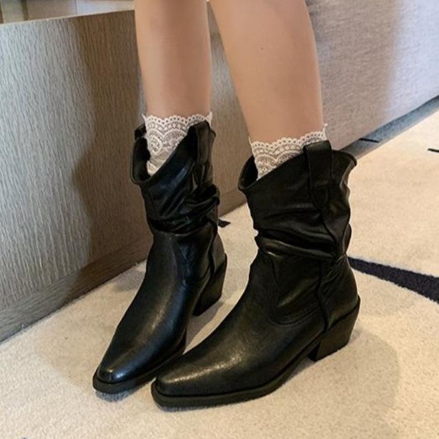 2025 Autumn and Winter New Fashion Square Head Thick Heel Sleeve Western Boots Fashion Temperament Heap Boots Versatile Short Boots Women