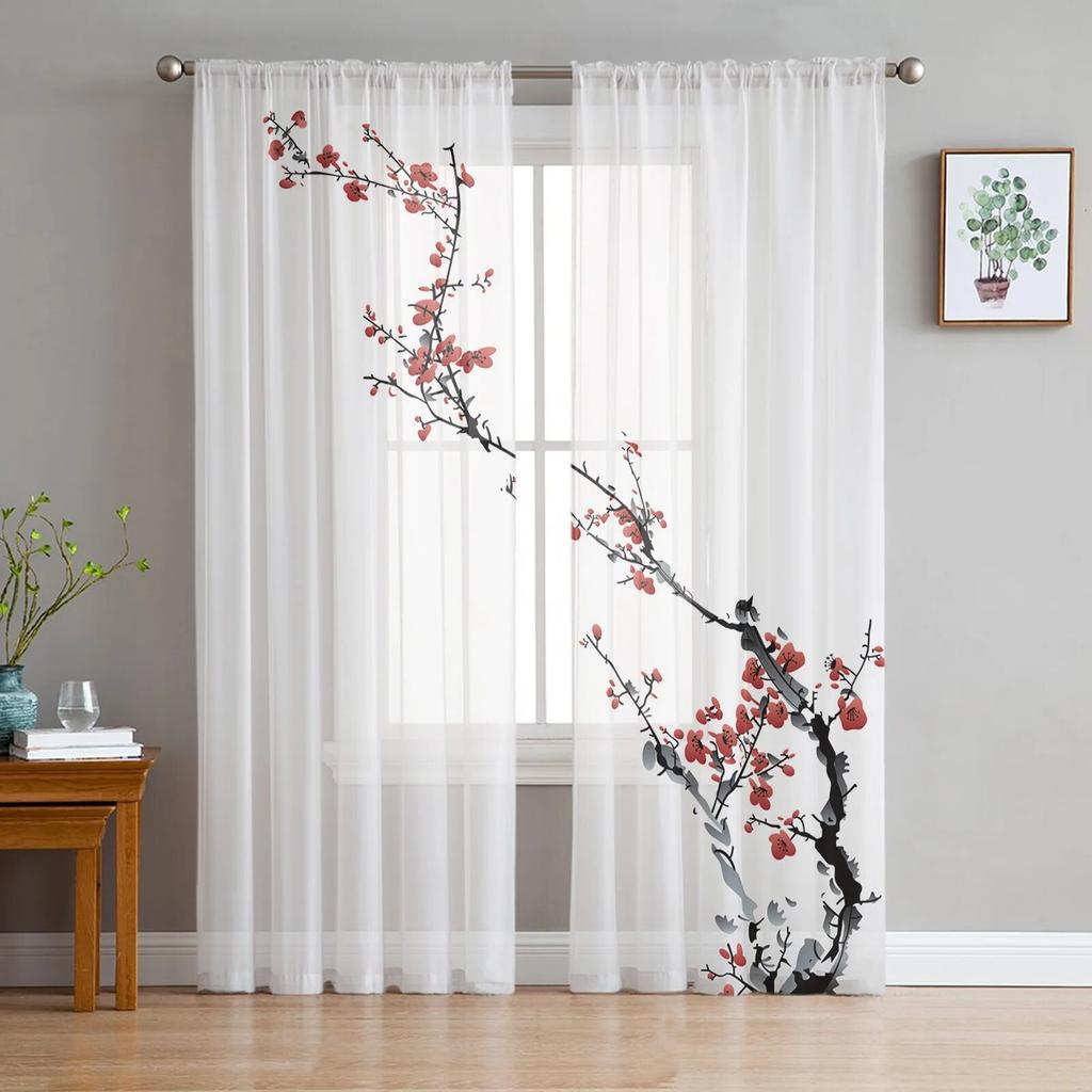 Plum Blossom Branch Bird Ink Painting Modern Tulle Curtains For Living Room Bedroom Home Kitchen Window Sheer Curtains