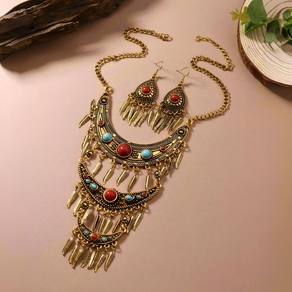 Ensemble collier boucles d'oreilles style ethnique bohème multicouche vintage frangé feuille Hanfu collier chaîne clavicule longue
