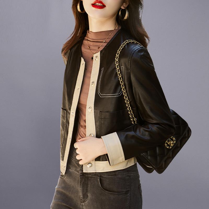 

Women s Short Leather Jacket - 2022 Spring/Autumn Fashion, Casual Motorcycle Style L бежевий