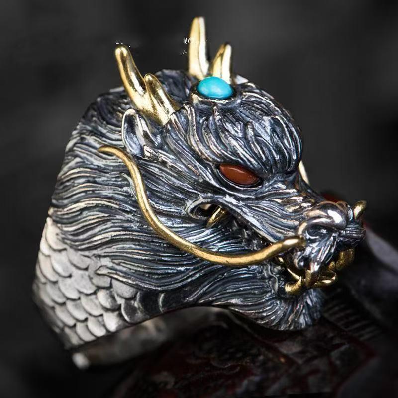 Adjustable Silver Dragon Head Ring: Unisex Open Index Finger Design, Retro Couple Style, Trendy Chinese Aesthetic.