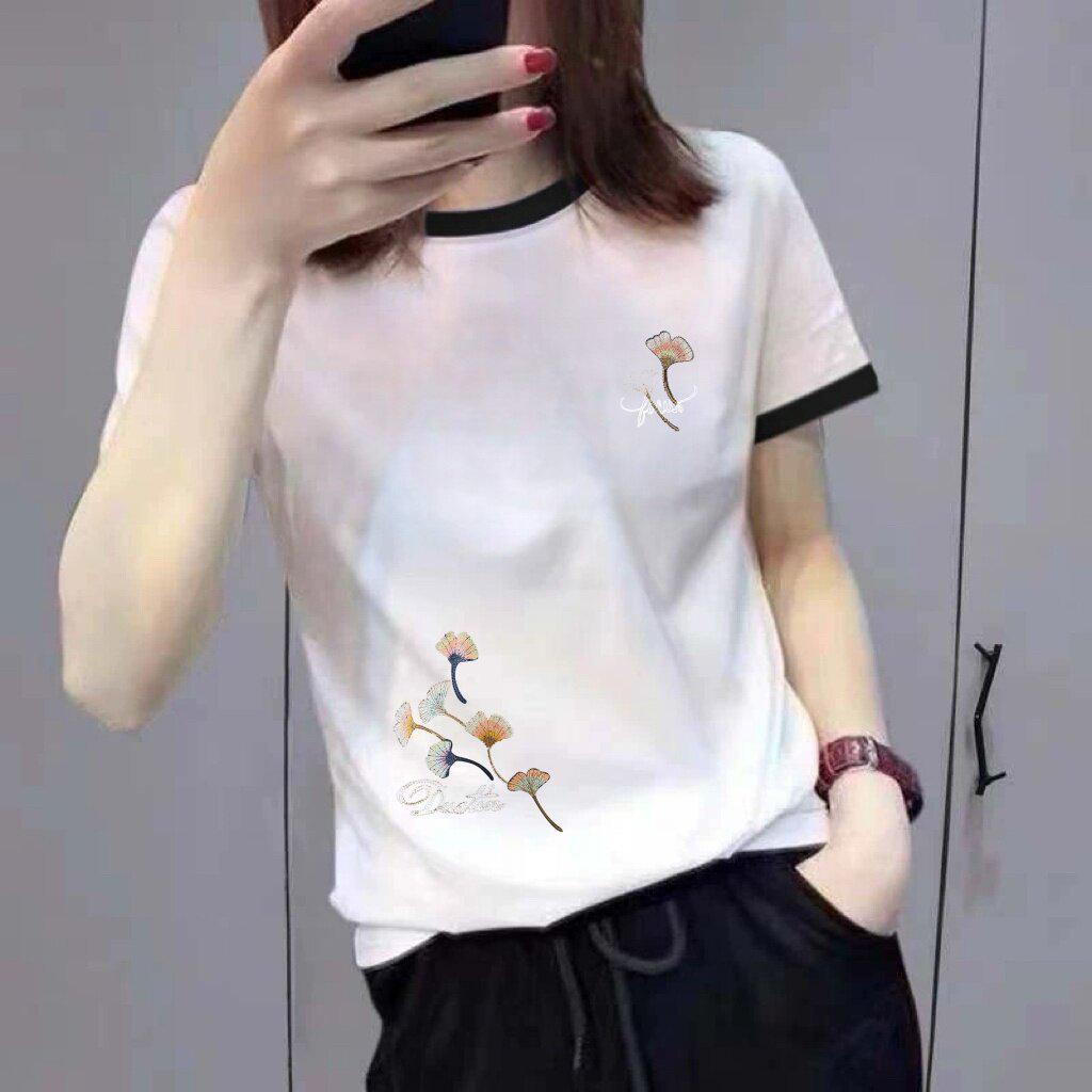 Women's Stylish Designer Floral Embroidery Short-Sleeve T-Shirt with Contrast Collar
