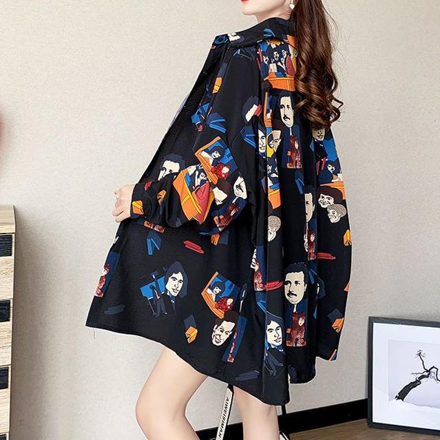 

Винтажная шикарная уличная одежда в стиле Харадзюку с забавным принтом, рубашка на пуговицах в стиле гранж Y2K, модная туника с длинным рукавом, топ, блузка, женская блузка 2XL чёрный