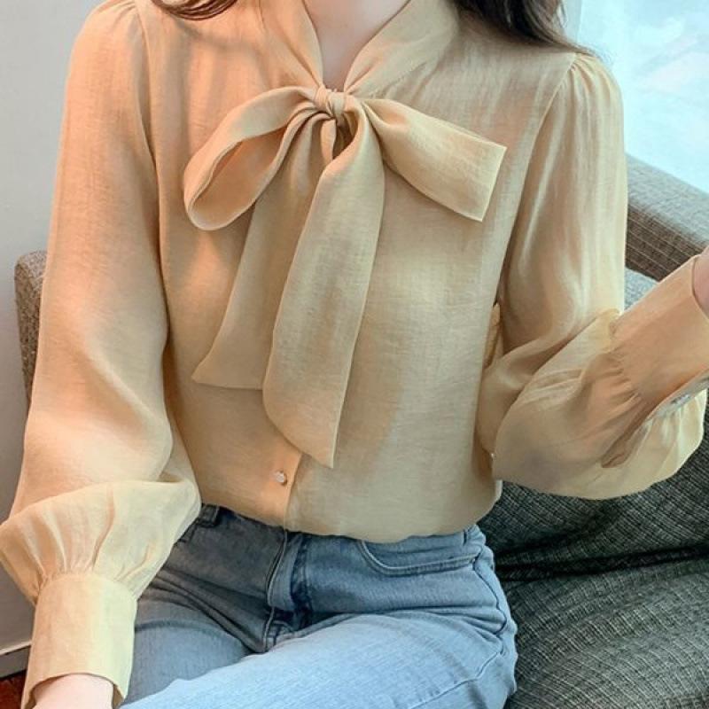 A Bow-knot Chiffon Long-sleeved Shirt for Women, A Versatile and Stylish Small Blouse for Autumn