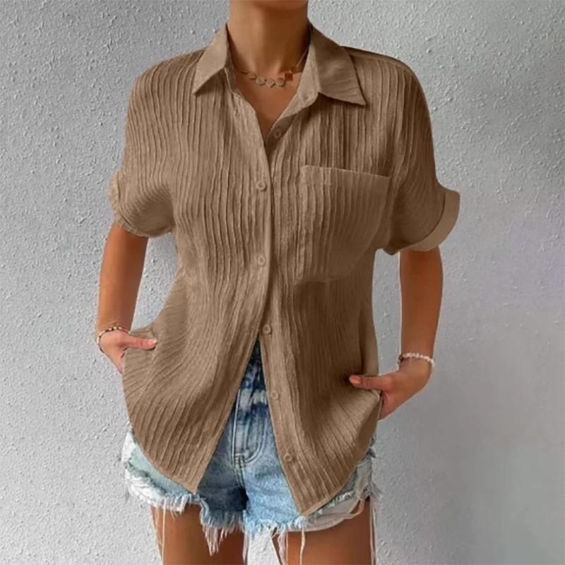 Summer Casual Solid Color Shirts Women Fashion Turn-down Collar Short Sleeves Pockets Buttons Cardigans Commute Slimming Blouses