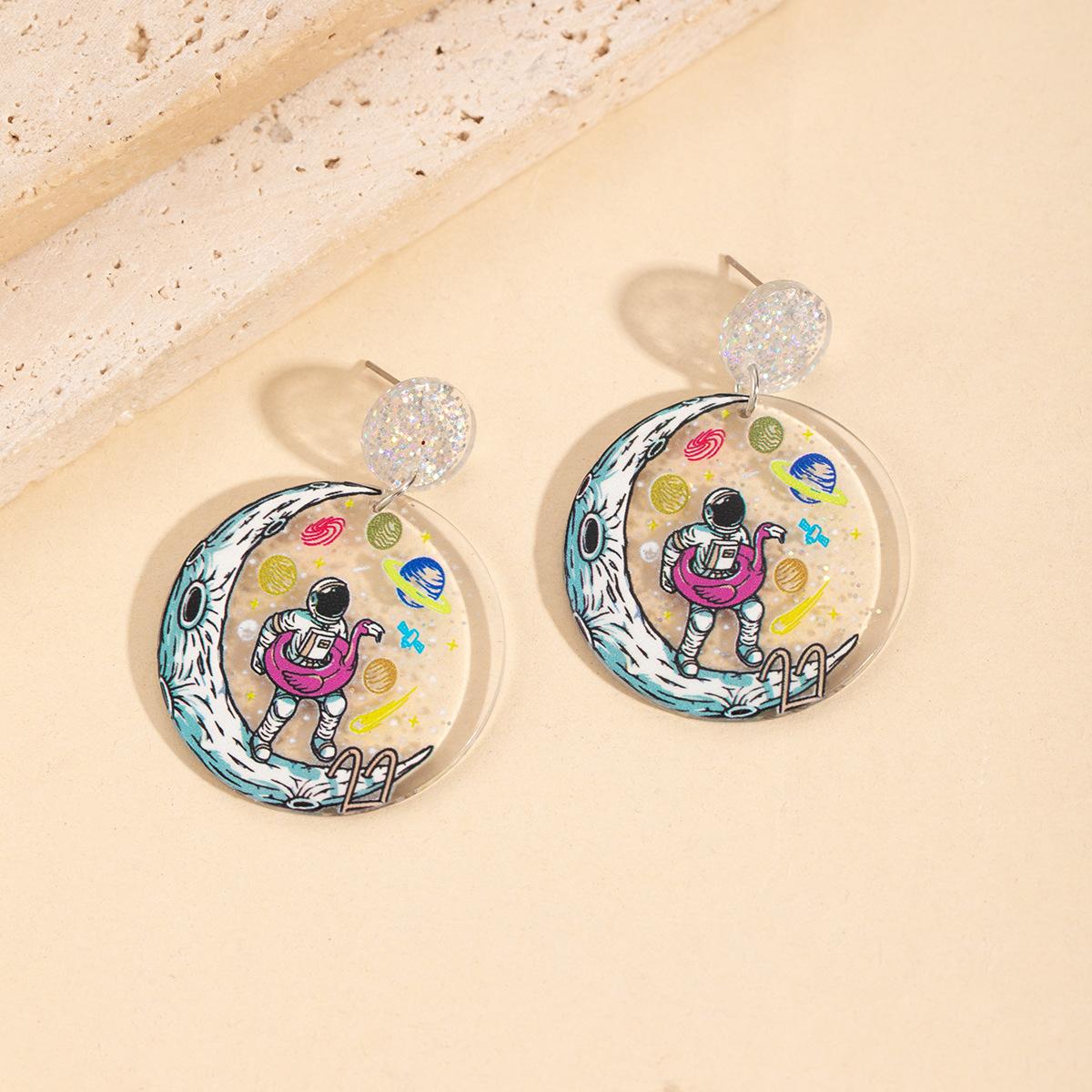 Creative Cartoon Astronaut Moon Landing Planet Stud Earrings Female Niche Design Sense Earrings Acrylic Cute Fashion Earrings