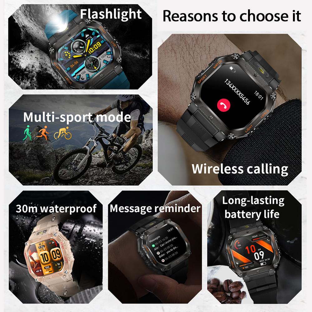 New 100+Sport Mode SmartWatch Men Health Monitoring High Brightness Flashlight 30 Meter Depth Waterproof Smart Watch Men