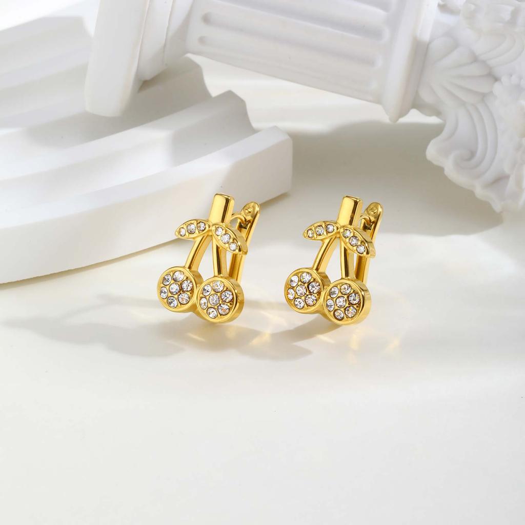 New Chic White Zircon Cherry U-shaped Earrings Gold Plated Stainless Steel Women Earrings Charm Fashion Jewelry