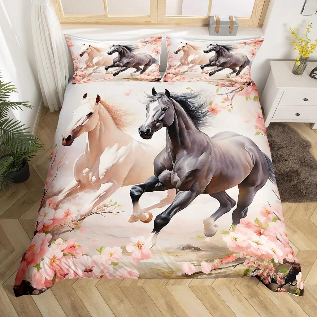 Pferde-Bettwäsche-Set für Mädchen Rustikales Bauernhofpferd Bettbezug Queen Rosa Kirschblüten-Deckenbezug Farbverlauf-Tagesdecke