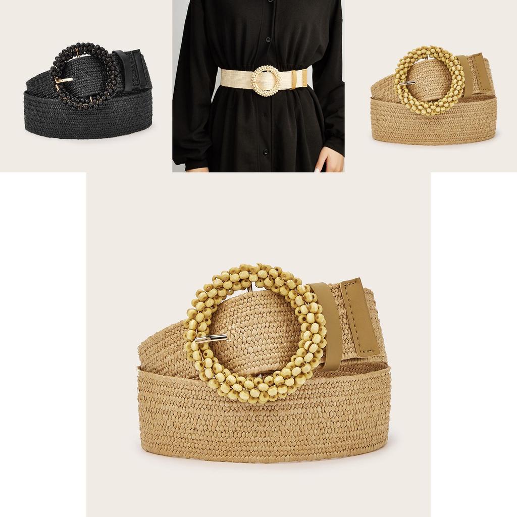 Simple Solid Color Bead Ring Buckle Decoration Women Casual Woven Belt For Boho Dresses