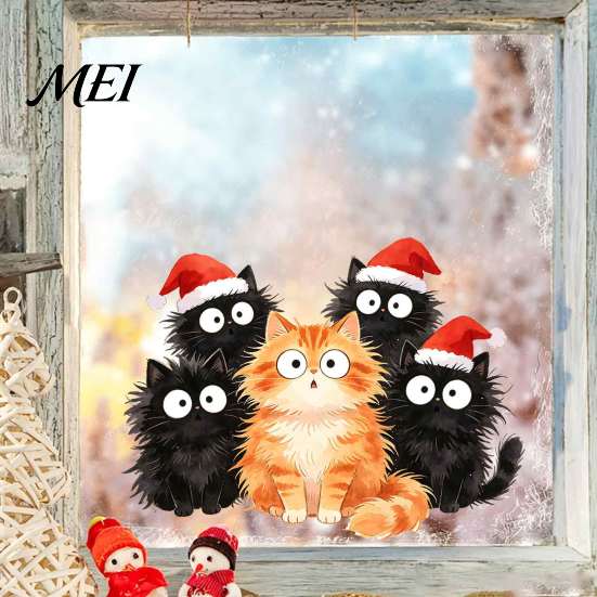 Indoor Outdoor Holiday Decor Christmas Window Cling, Cartoon Cats Sticker with Santa Hat, Removable Durable Sunproof Glass Stickers PVC Static