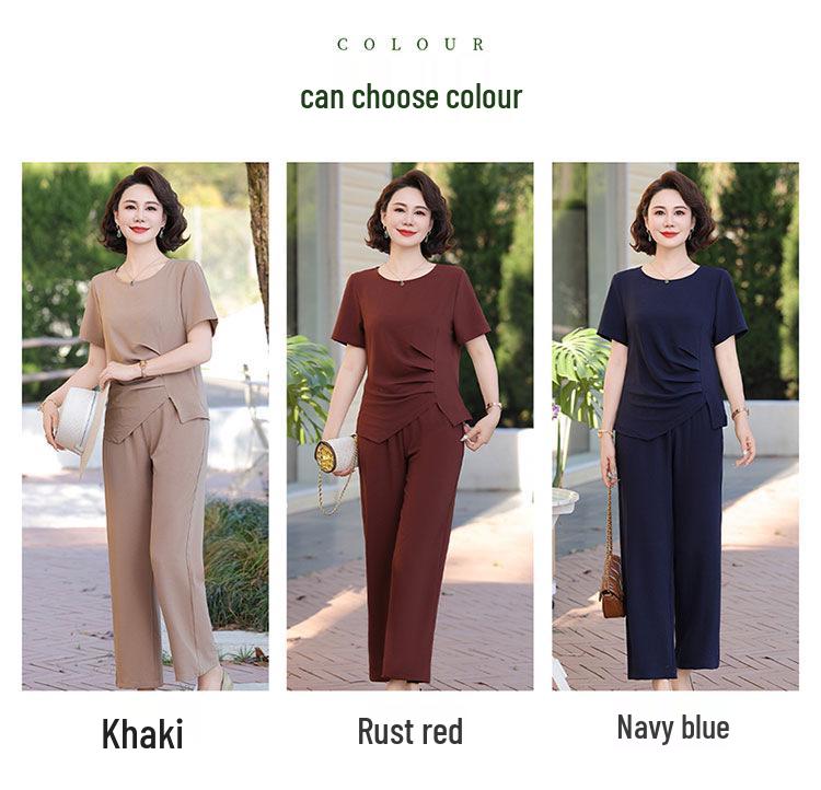 Summer Style Ice Silk Two-Piece Set: Short Sleeve Top and Casual Pants for Moms