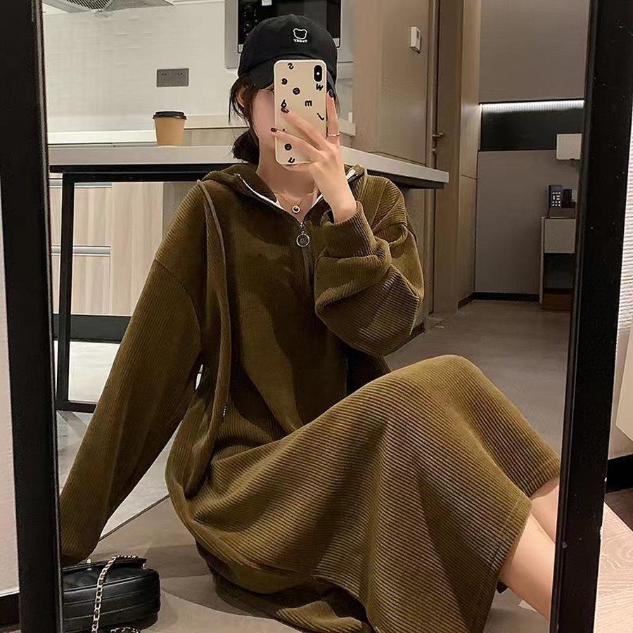 Fall Corduroy Long Sleeve Hooded Thick Warm Loose Plus Size Outerwear Fashion Winter Dress for Young Women