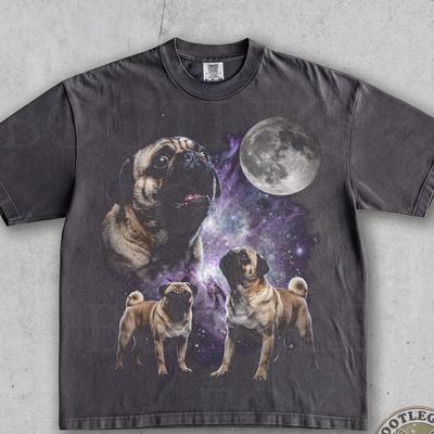 Vintage Three Pug Moon. Funny Dog Mom Lover Owner Gift. Cosmic Galaxy Wild Starry Night Sky. 90s Washed Comfort Colors® Graphic T-Shirt