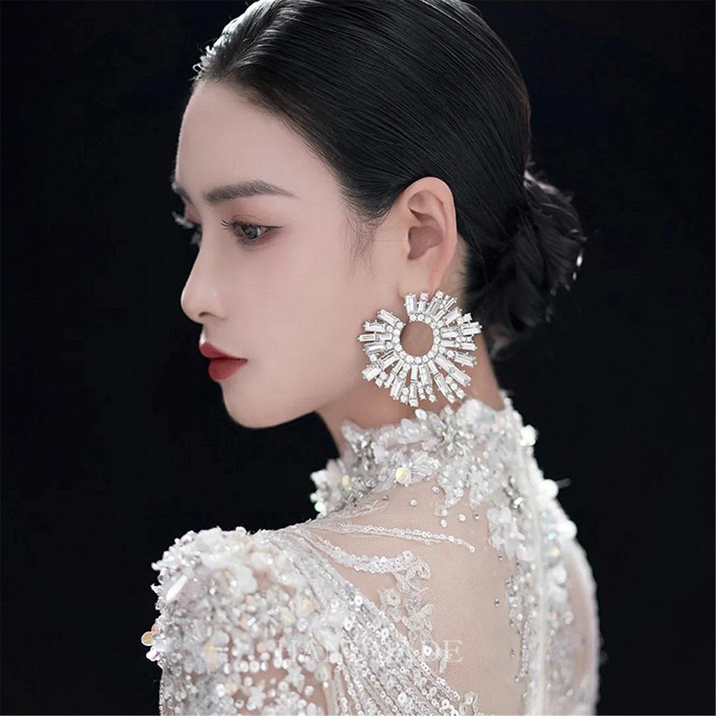 Exaggerated Crystal Flower Earring Sparkling Sunflower Earrings Colorful Large Circle Shape Stud Ear Rings Ornament