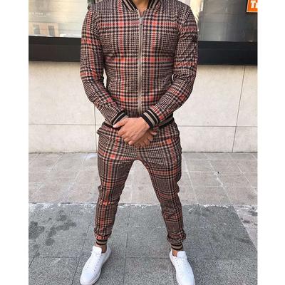 Men's Casual Sport Suit Autumn Thin Zip-Up Coat Trousers Suits Outdoor Fashion Grid Tracksuit Streetwear Clothing