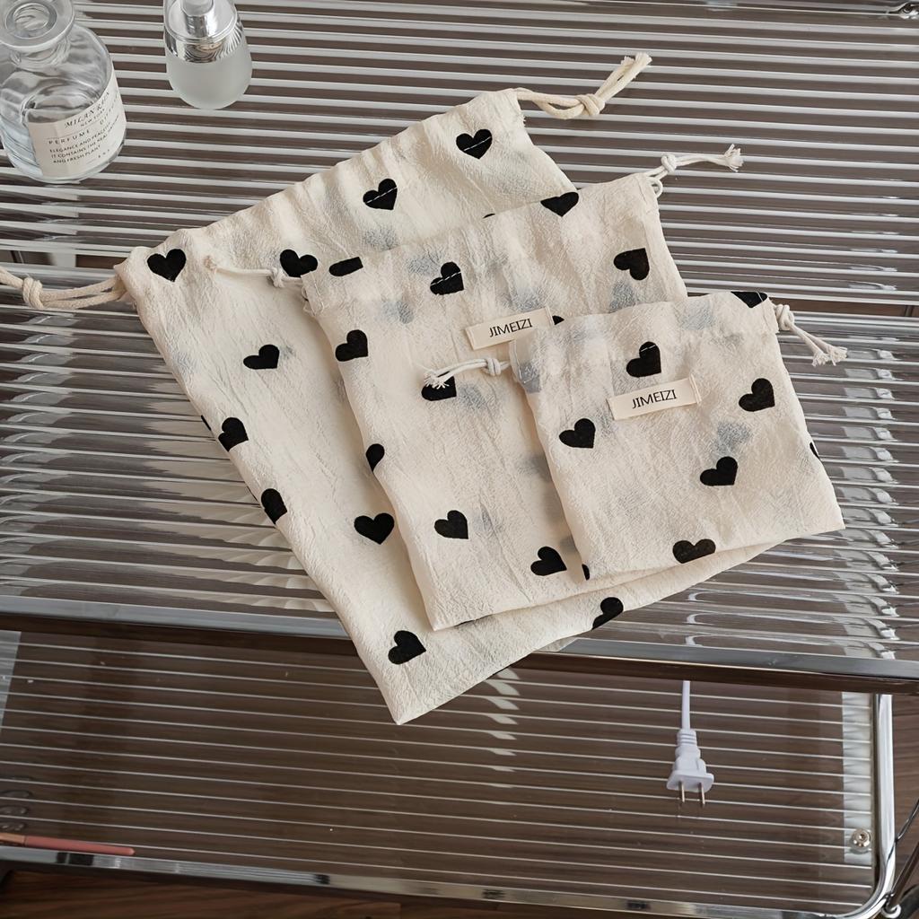 1pc Women's Drawstring Pouch - Beige & Black Heart Pattern Makeup Bag,Large Capacity Travel Organizer with Closure for Cosmetics