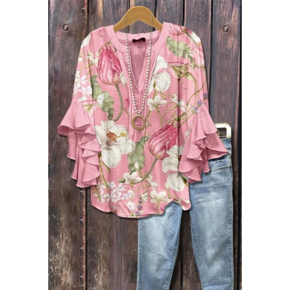 Large Women's Bohemian V-neck Shirt with Ruffle Sleeves, Grey Brown Floral Print Top, Casual Breathable Machine Washable Pullover