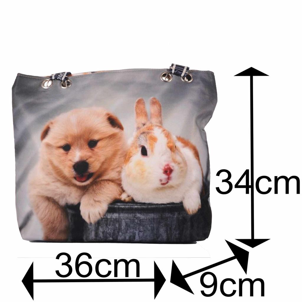 Strandtasche mit Hund und Kaninchen Motiv