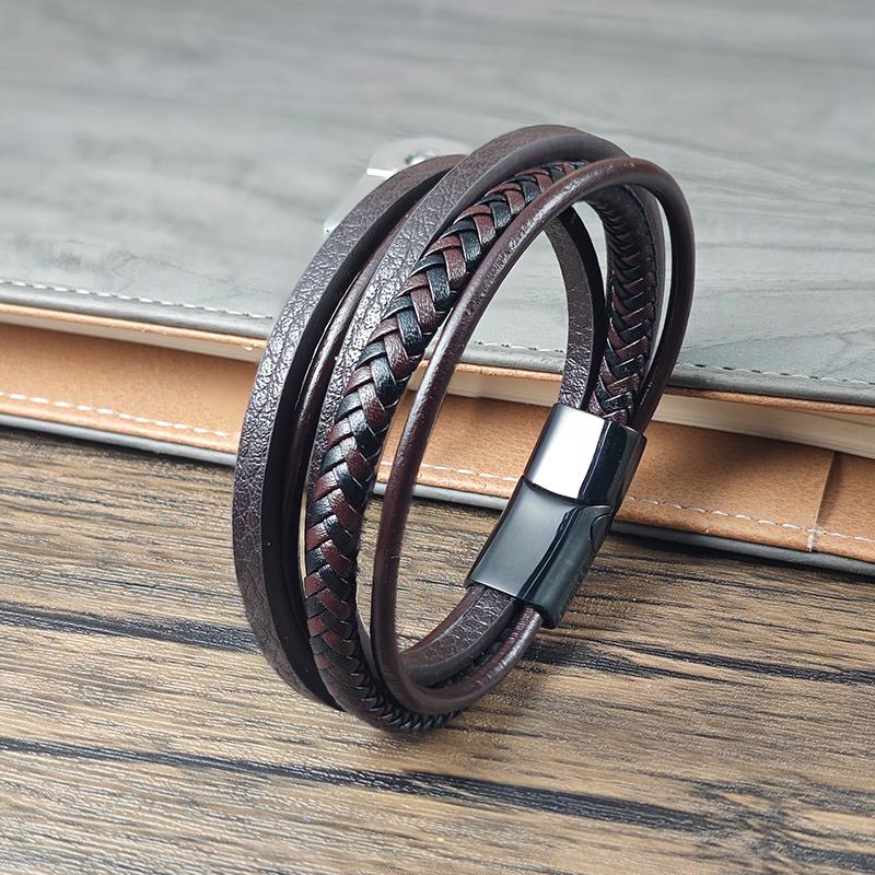Vintage Men Leather Bracelet Brown Braided Multi-layer Stainless Steel Clasp Casual Wristband Jewelry Gift for Boyfriend