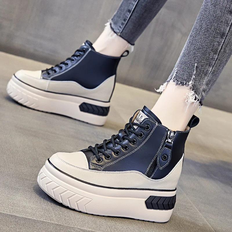 Fashion High Top Women Shoes Genuine leather 8cm Platform Boots Wedge Hidden Heel Zip Spring Autumn Warm Fur Winter Shoes Sneakers