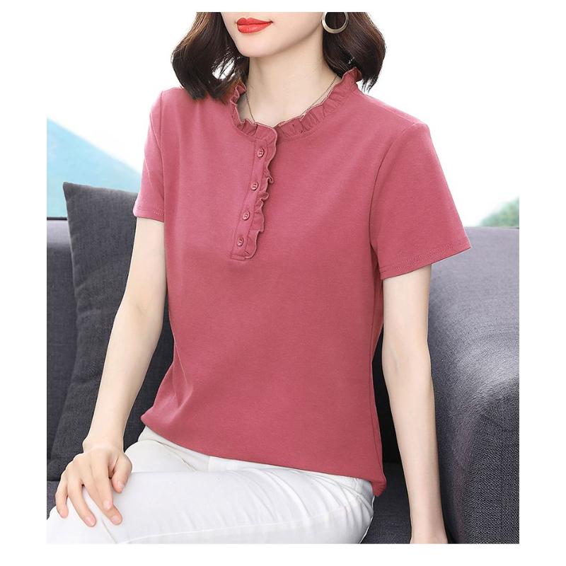 Women's Navy Blue Ruffled Collar Blouse Short Sleeve Button-Down Casual Top