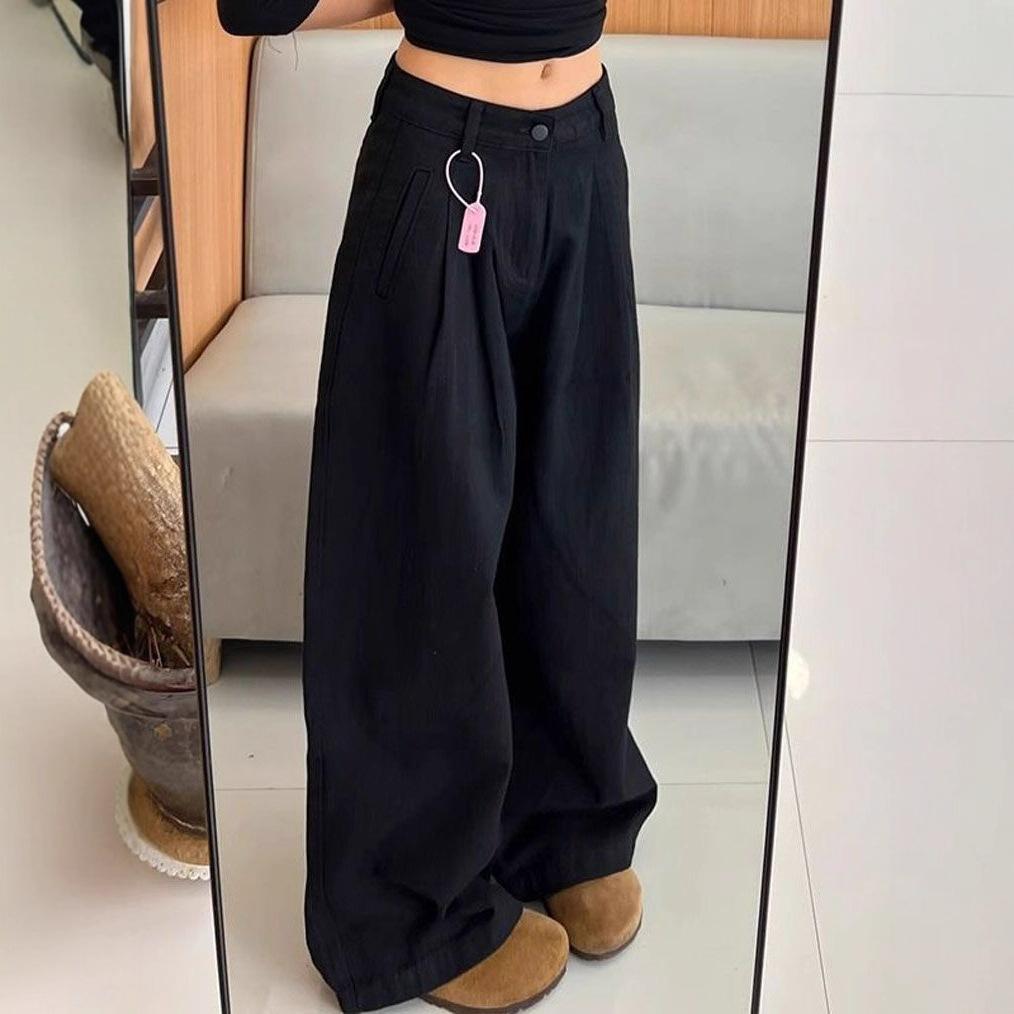 Black Big Yards Loose Jeans Women's Meat Covering Folded Texture Design Sense of Dragging The Ground Wide-legged Straight Trousers Long Denim Pants