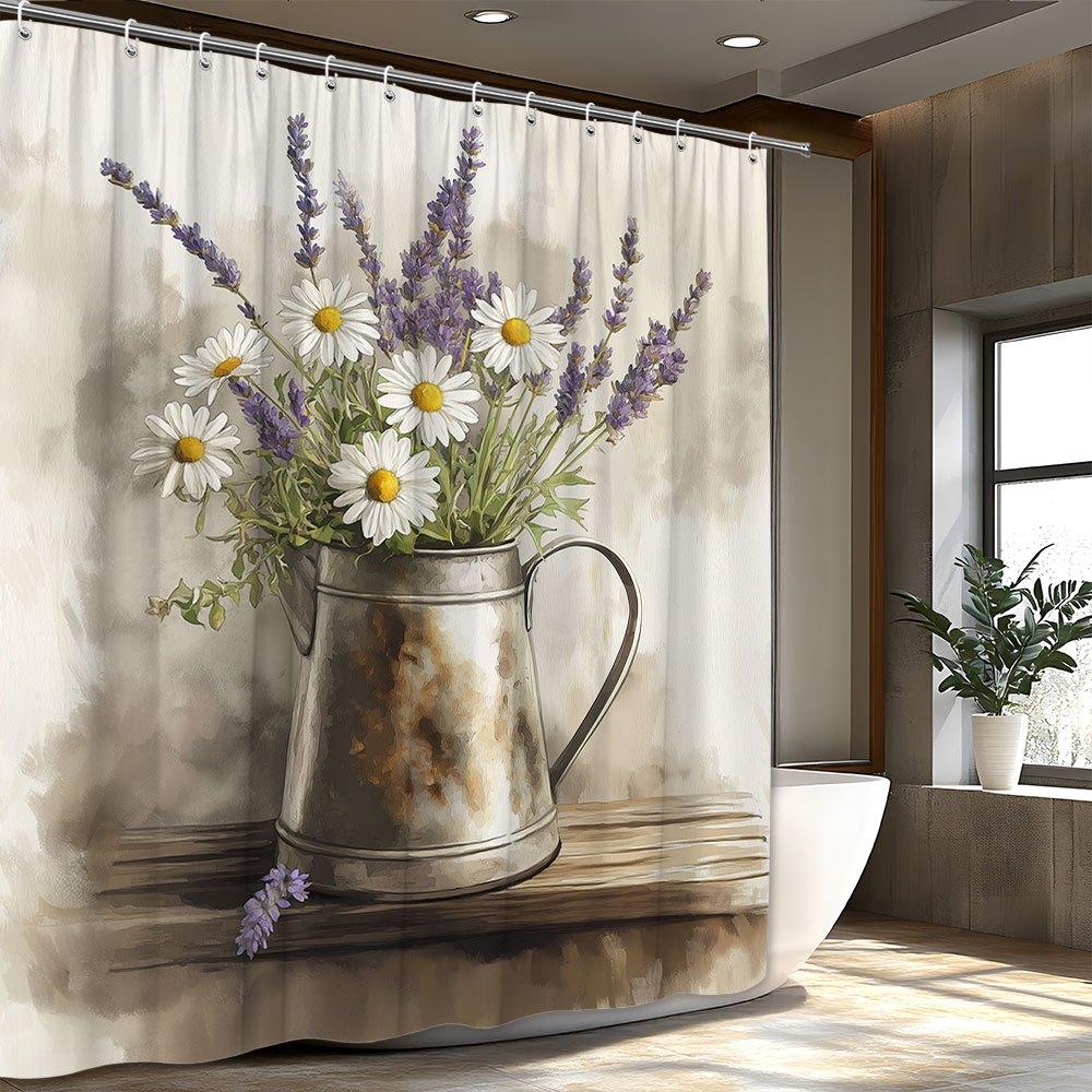 

1Pc Rustic Floral Shower Curtain - Vintage Metal Pitcher, White Daisies & Lavender, Watercolor Blend, Polyester W60H190(CM)-1 Pcs